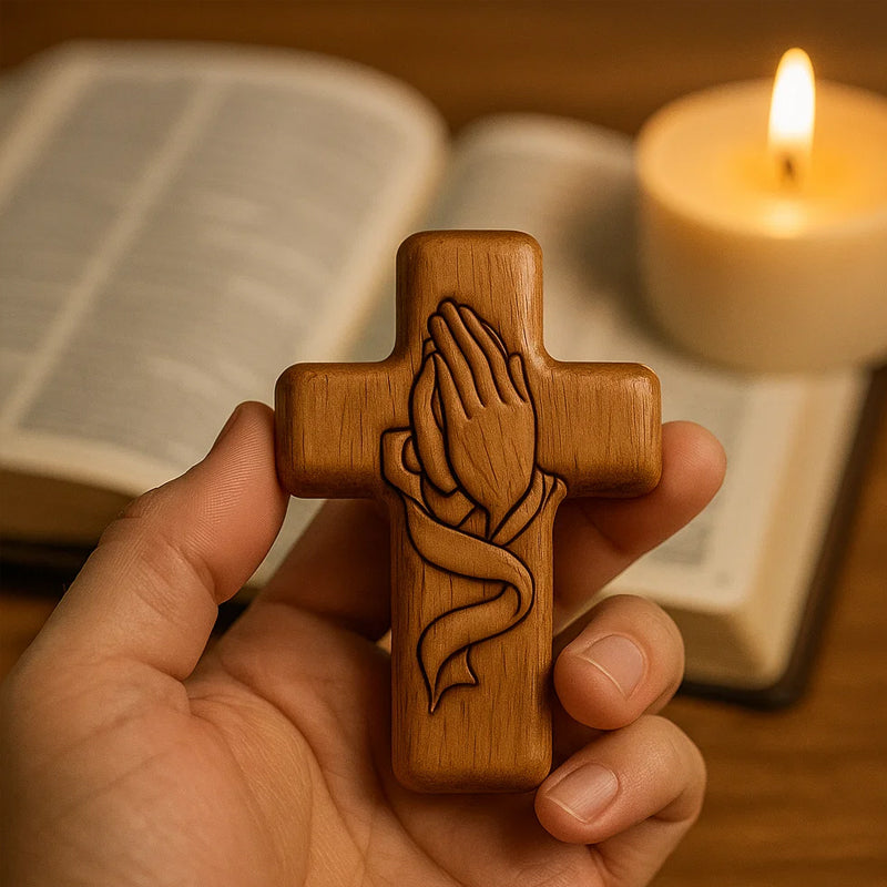 💕✝️Bönekort i trä med kors💯🪵Handskuren 3D-present till dina nära och kära!