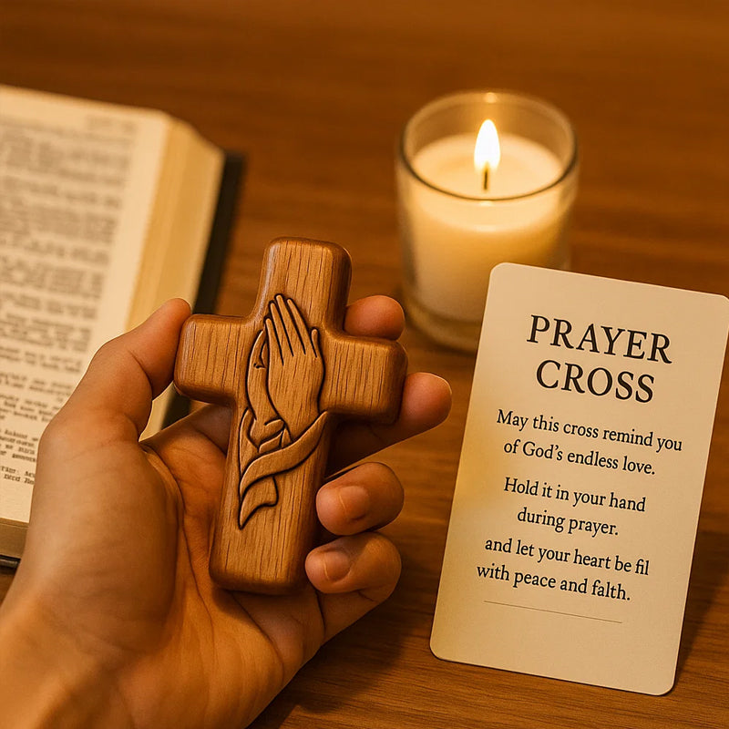 💕✝️Bönekort i trä med kors💯🪵Handskuren 3D-present till dina nära och kära!