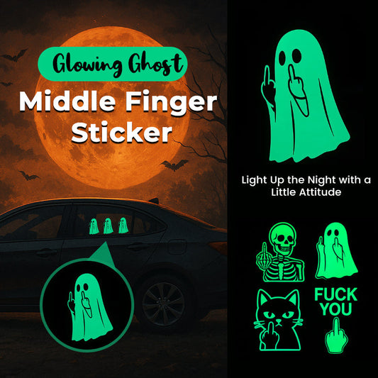👻 Glödande spöke med långfinger – klistermärke — Lys upp natten med lite attityd