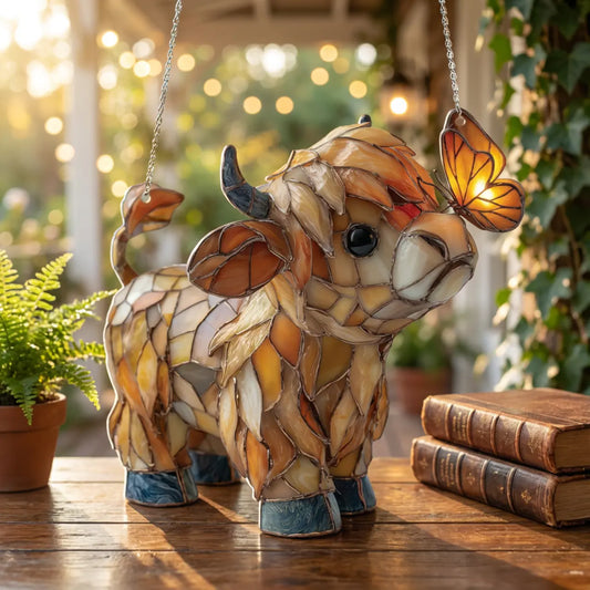 Window decoration with a Scottish Highland cow: butterfly window hanger