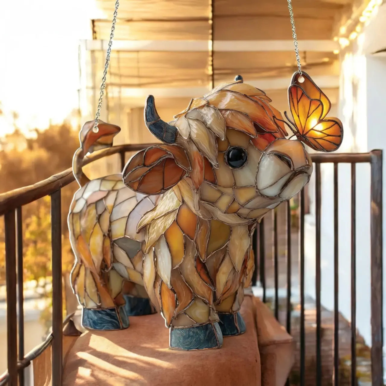 Window decoration with a Scottish Highland cow: butterfly window hanger