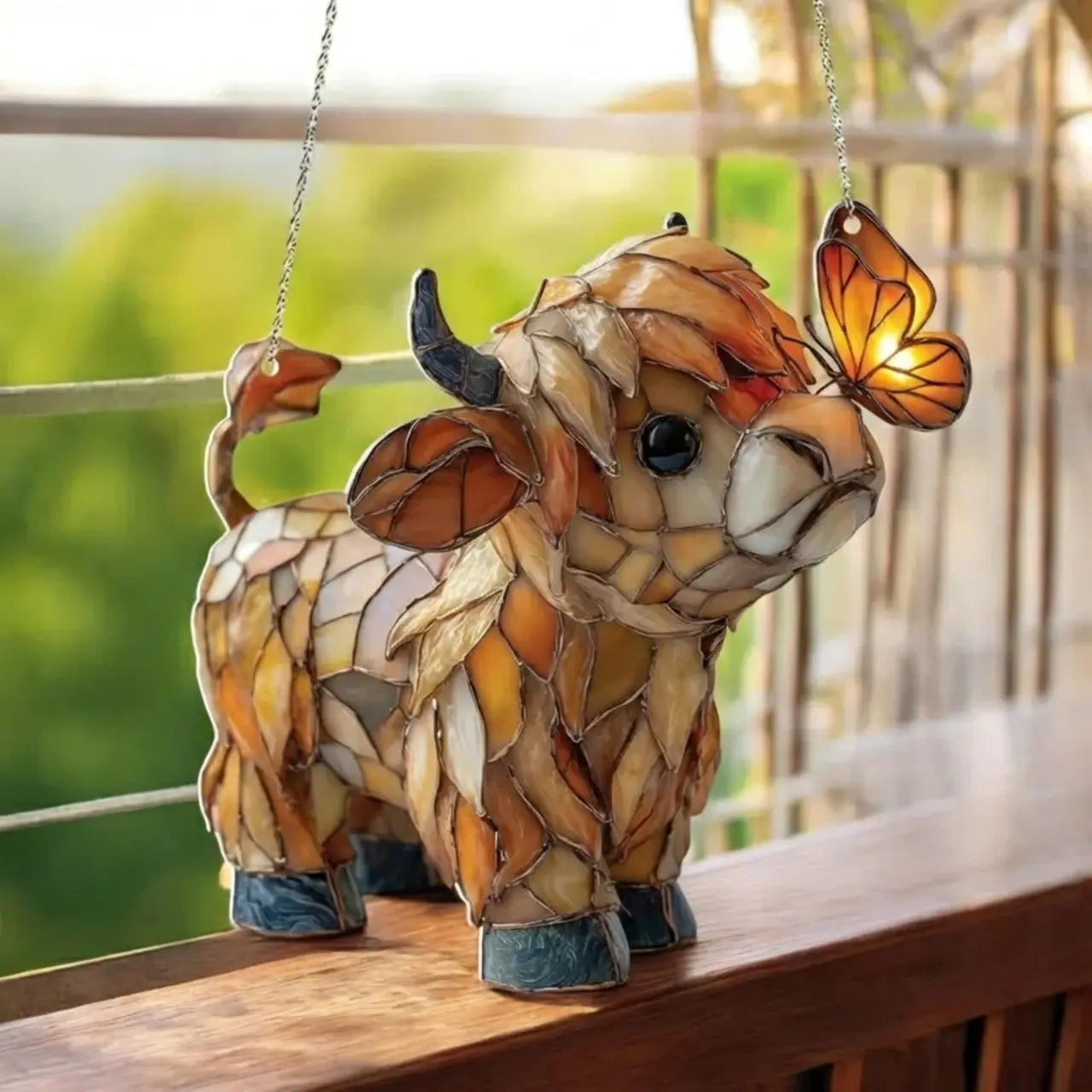 Window decoration with a Scottish Highland cow: butterfly window hanger